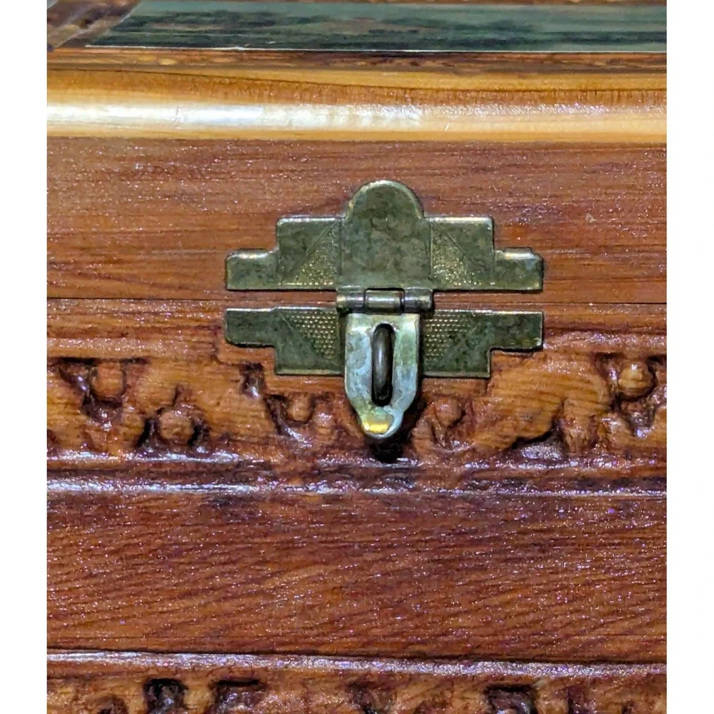 Vintage Hand Carved Cedar Wood Jewelry Keepsake Box Cottage Landscape 11
